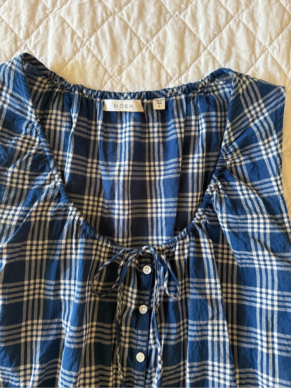 Doen Blue Plaid Sleeveless Tie-Front Button Blouse - Picture 2 of 2